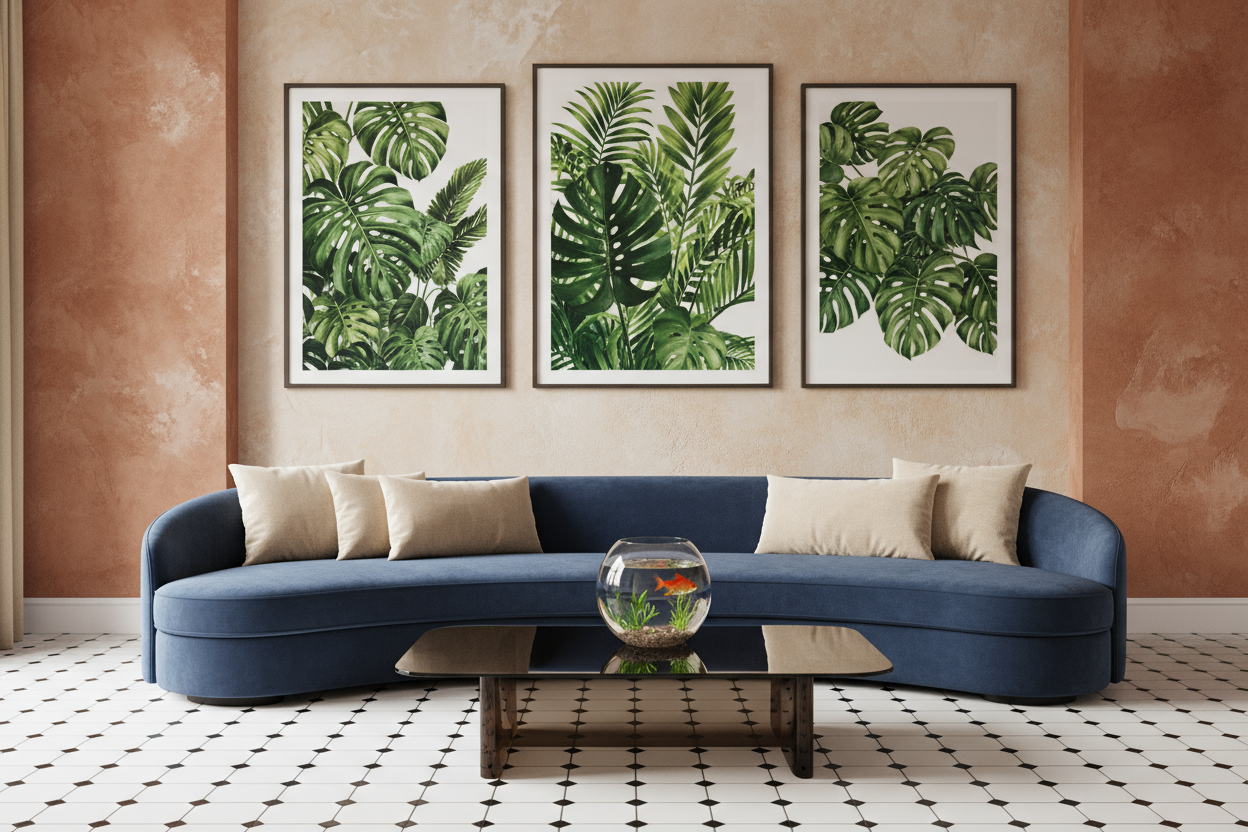Create a sofisticated home design with vibrang color green the wall arts. The scene is living room make a curve sofa color dark blue the frame and for foam is the best combination color and for the middle of the living room is flat table glass dark in the upper of table is round mini aquarium with gold fish. And make it earthy the walls and for the titles of the living room is black and white. For the wall arts decor is botanica design. 